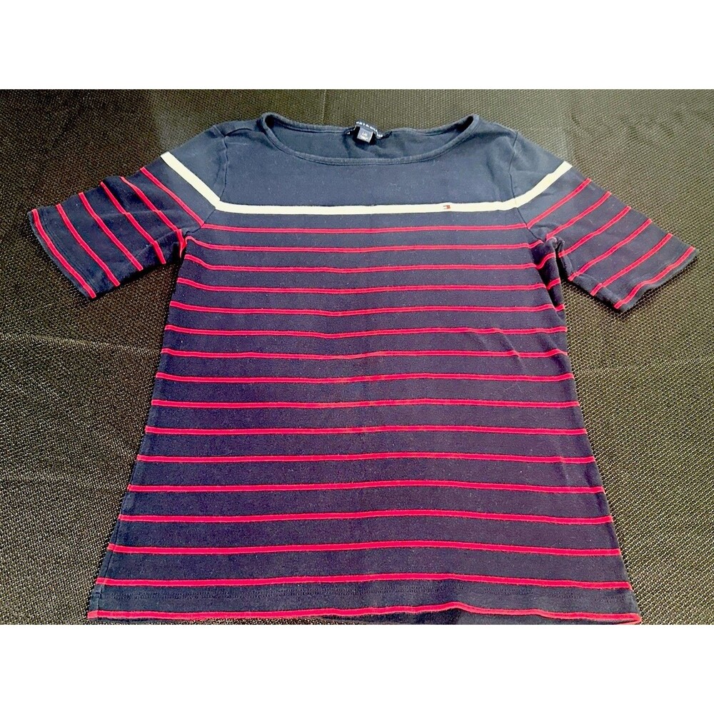 Tommy Hilfiger Womenâs L Navy Red White 3/4 Sleeve Striped Flag Logo Tee Preppy